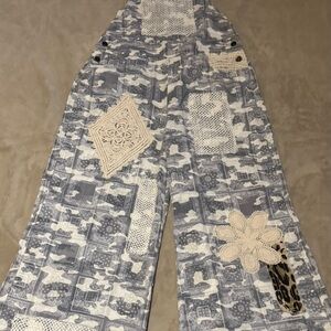 POL Gray and Cream Patchwork Overalls